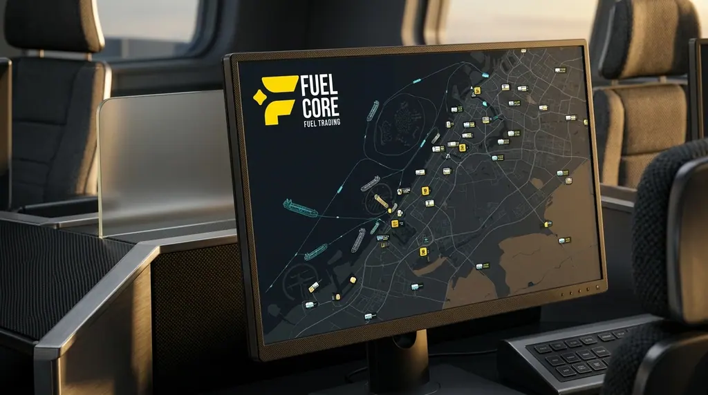 A dispatch monitor showing a live map of Dubai with Fuel Core tankers and vessels plotted across the coast.