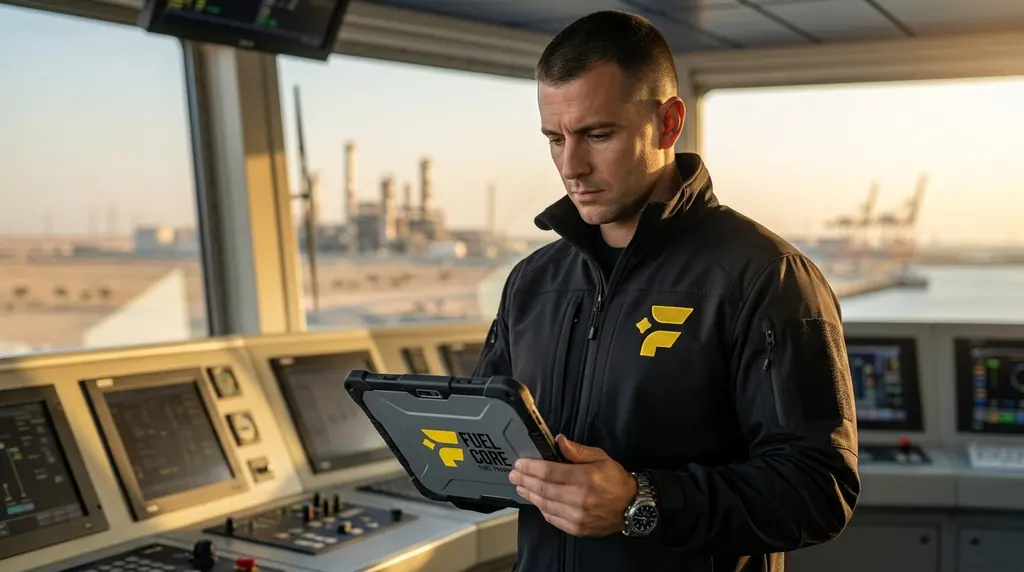 A Fuel Core engineer in a branded jacket checking delivery records on a rugged tablet in a terminal control room.