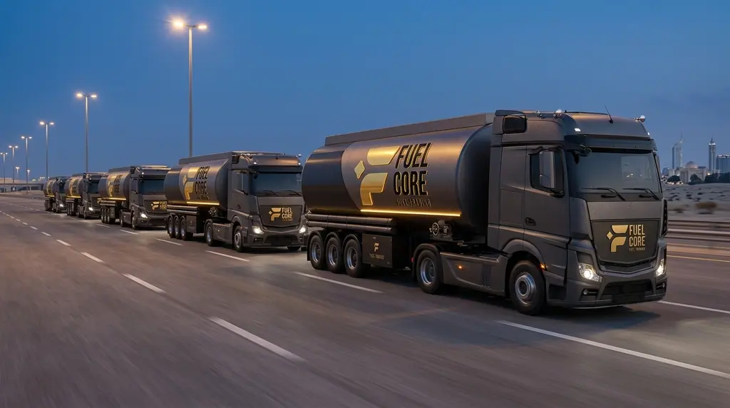 A convoy of Fuel Core road tankers travelling a UAE highway at dusk, city skyline behind them.