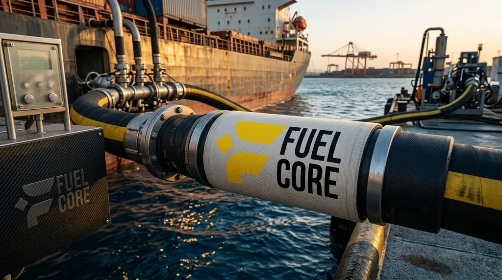 A Fuel Core bunker hose coupled to a vessel manifold at the quayside during a golden-hour delivery.