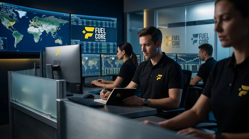 The Fuel Core trading and dispatch desk, staff working across screens showing price boards and shipping charts.