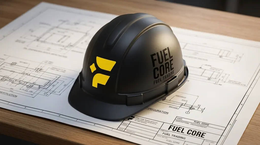 A Fuel Core safety helmet resting on technical engineering drawings.